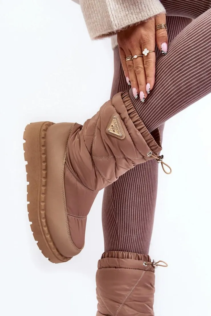 Boto Śniegowce Damskie*Śniegowce Damskie Na Grubej Podeszwie Ciemnobeżowe Lureta Beżowy