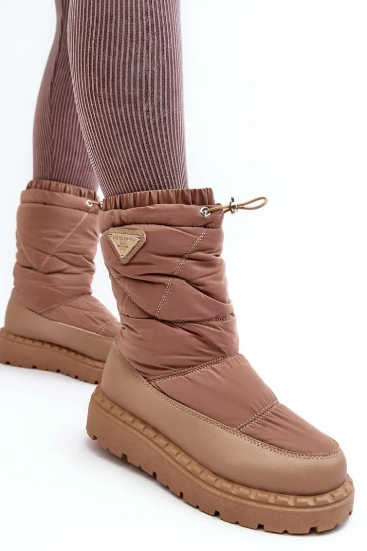 Boto Śniegowce Damskie*Śniegowce Damskie Na Grubej Podeszwie Ciemnobeżowe Lureta Beżowy