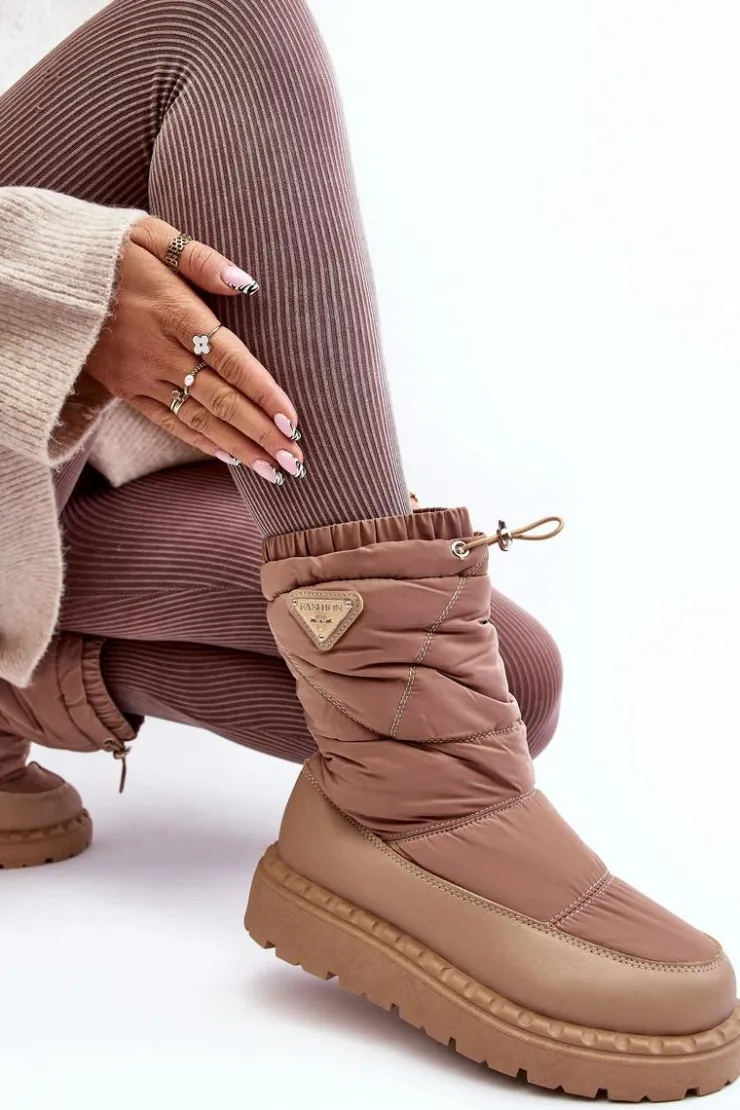 Boto Śniegowce Damskie*Śniegowce Damskie Na Grubej Podeszwie Ciemnobeżowe Lureta Beżowy