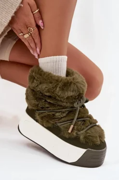 Damskie Boto Śniegowce Damskie Na Masywnej Platformie Z Wiązaniem I Futerkiem Ciemnozielone Kalivira