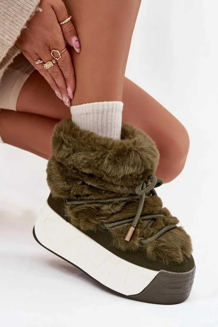 Damskie Boto Śniegowce Damskie Na Masywnej Platformie Z Wiązaniem I Futerkiem Ciemnozielone Kalivira