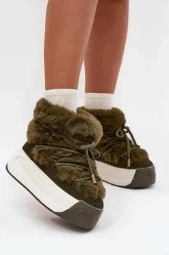 Damskie Boto Śniegowce Damskie Na Masywnej Platformie Z Wiązaniem I Futerkiem Ciemnozielone Kalivira