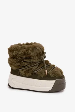 Damskie Boto Śniegowce Damskie Na Masywnej Platformie Z Wiązaniem I Futerkiem Ciemnozielone Kalivira