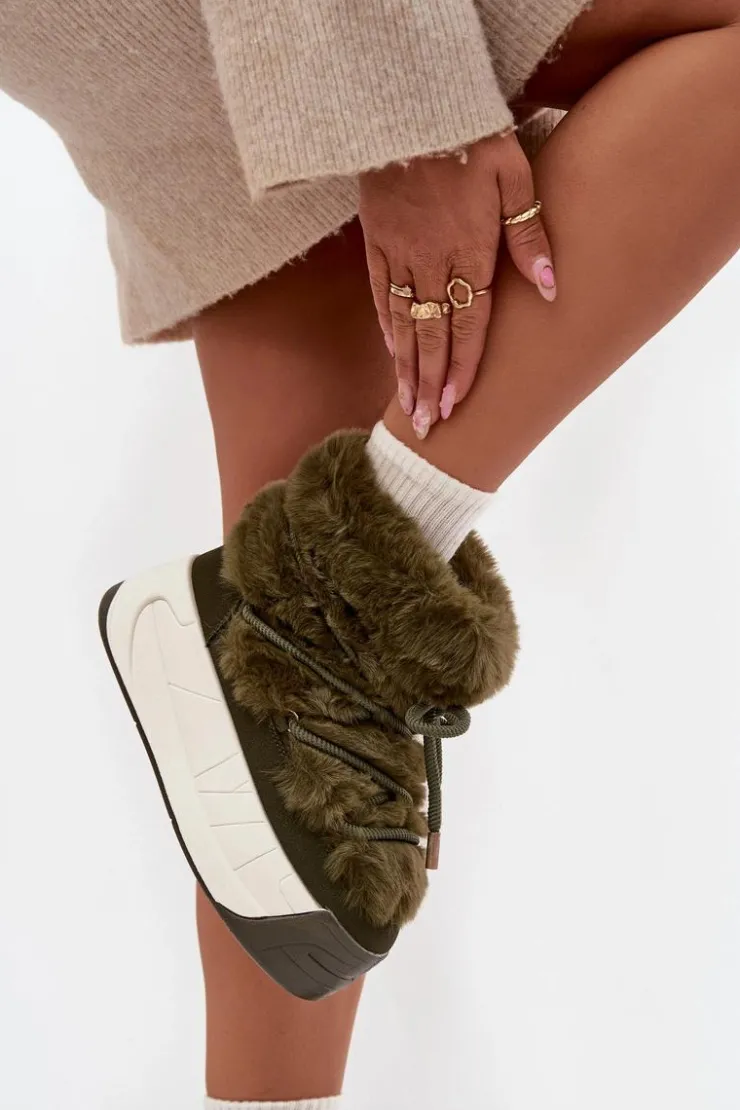 Damskie Boto Śniegowce Damskie Na Masywnej Platformie Z Wiązaniem I Futerkiem Ciemnozielone Kalivira