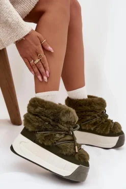 Damskie Boto Śniegowce Damskie Na Masywnej Platformie Z Wiązaniem I Futerkiem Ciemnozielone Kalivira