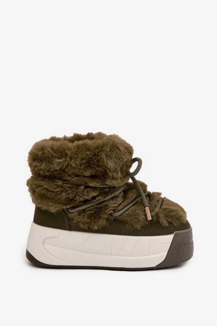 Damskie Boto Śniegowce Damskie Na Masywnej Platformie Z Wiązaniem I Futerkiem Ciemnozielone Kalivira