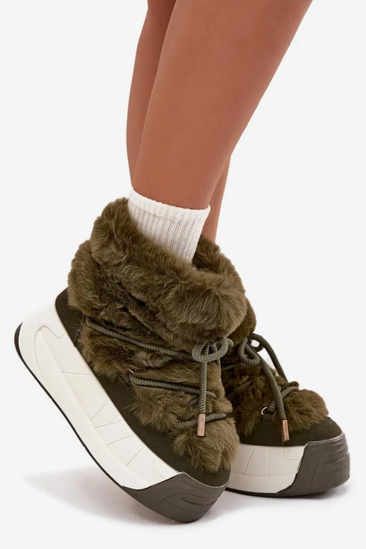 Damskie Boto Śniegowce Damskie Na Masywnej Platformie Z Wiązaniem I Futerkiem Ciemnozielone Kalivira