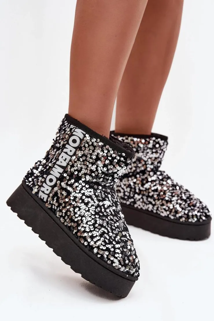 Best Boto Śniegowce Damskie Na Platformie Zdobione Cekinami Czarno-Srebrne Silmo Srebrny