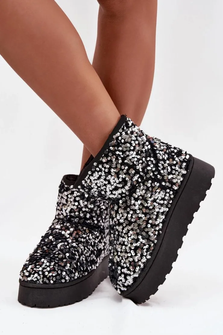 Best Boto Śniegowce Damskie Na Platformie Zdobione Cekinami Czarno-Srebrne Silmo Srebrny