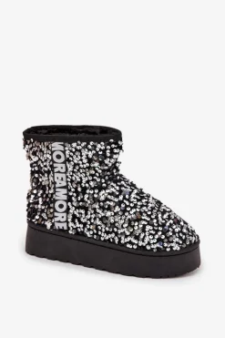 Best Boto Śniegowce Damskie Na Platformie Zdobione Cekinami Czarno-Srebrne Silmo Srebrny