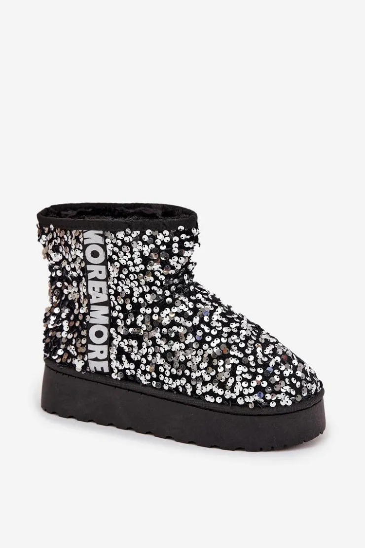 Best Boto Śniegowce Damskie Na Platformie Zdobione Cekinami Czarno-Srebrne Silmo Srebrny