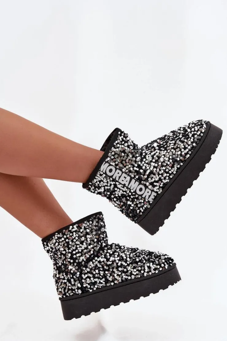 Best Boto Śniegowce Damskie Na Platformie Zdobione Cekinami Czarno-Srebrne Silmo Srebrny