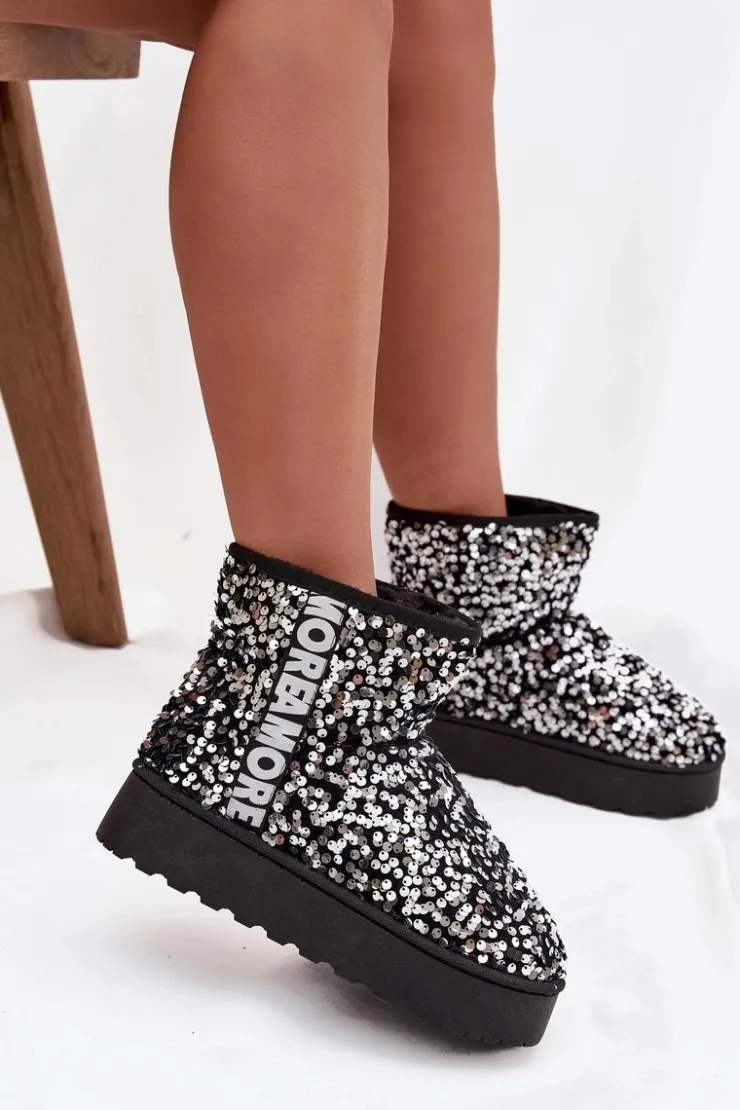 Best Boto Śniegowce Damskie Na Platformie Zdobione Cekinami Czarno-Srebrne Silmo Srebrny
