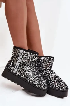 Best Boto Śniegowce Damskie Na Platformie Zdobione Cekinami Czarno-Srebrne Silmo Srebrny