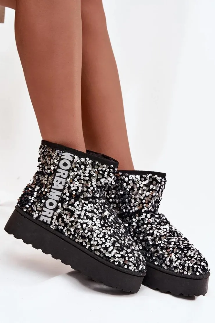 Best Boto Śniegowce Damskie Na Platformie Zdobione Cekinami Czarno-Srebrne Silmo Srebrny