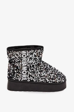 Best Boto Śniegowce Damskie Na Platformie Zdobione Cekinami Czarno-Srebrne Silmo Srebrny