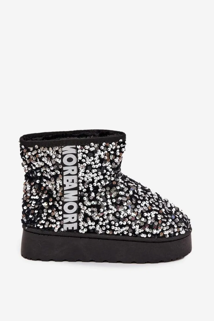 Best Boto Śniegowce Damskie Na Platformie Zdobione Cekinami Czarno-Srebrne Silmo Srebrny