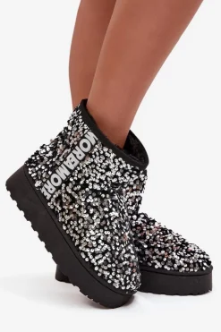 Best Boto Śniegowce Damskie Na Platformie Zdobione Cekinami Czarno-Srebrne Silmo Srebrny