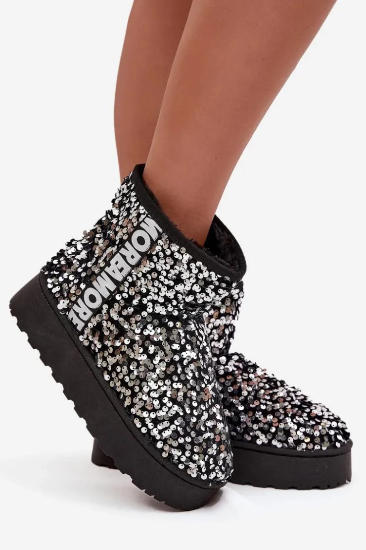 Best Boto Śniegowce Damskie Na Platformie Zdobione Cekinami Czarno-Srebrne Silmo Srebrny