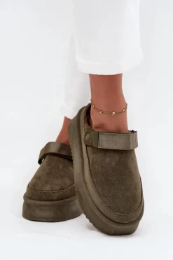 Clearance Boto Śniegowce Damskie Na Platformie Z Rzepem Ciemnozielone Jorielle Zielony