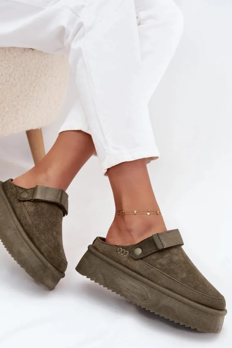 Clearance Boto Śniegowce Damskie Na Platformie Z Rzepem Ciemnozielone Jorielle Zielony