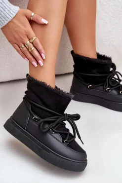 Boto Śniegowce Damskie*Śniegowce Damskie Na Platformie Ocieplane Futerkiem Czarne Aziara Czarny