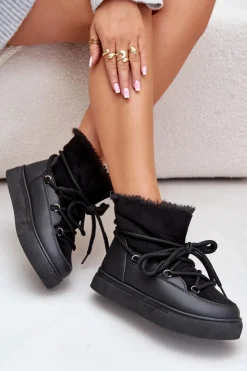 Boto Śniegowce Damskie*Śniegowce Damskie Na Platformie Ocieplane Futerkiem Czarne Aziara Czarny