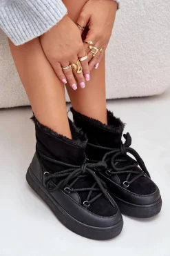 Boto Śniegowce Damskie*Śniegowce Damskie Na Platformie Ocieplane Futerkiem Czarne Aziara Czarny