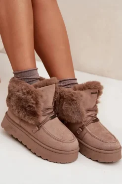 Damskie Big Star Shoes Śniegowce Damskie Na Platformie Z Futerkiem I Wiązaniem Big Star SS274114 Beżowe