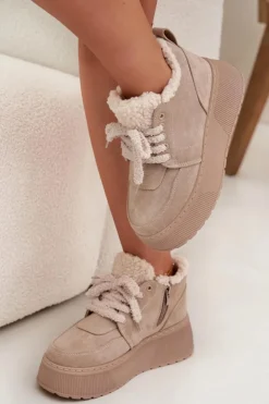 Hot Boto Śniegowce Damskie Na Platformie Z Futerkiem Typu Baranek Beżowe Luma