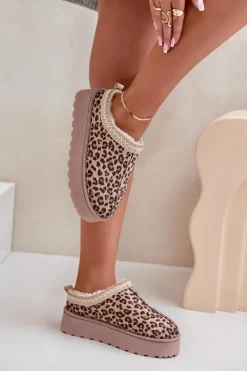 Boto Śniegowce Damskie Na Platformie Ocieplane Futerkiem Panterka Brązowe Remenia