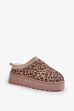 Boto Śniegowce Damskie Na Platformie Ocieplane Futerkiem Panterka Brązowe Remenia