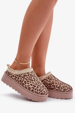 Boto Śniegowce Damskie Na Platformie Ocieplane Futerkiem Panterka Brązowe Remenia