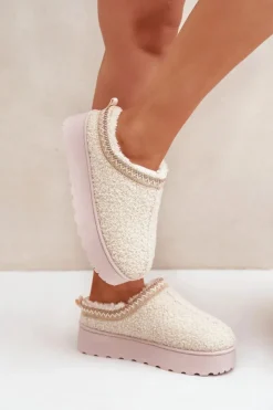 Clearance Boto Śniegowce Damskie Na Platformie Z Haftem Jasnobeżowe Tirissa