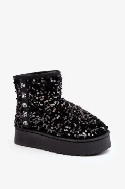 Boto Śniegowce Damskie*Śniegowce Damskie Na Platformie Zdobione Cekinami Czarne Silmo Czarny