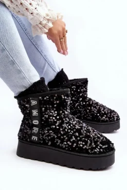 Boto Śniegowce Damskie*Śniegowce Damskie Na Platformie Zdobione Cekinami Czarne Silmo Czarny