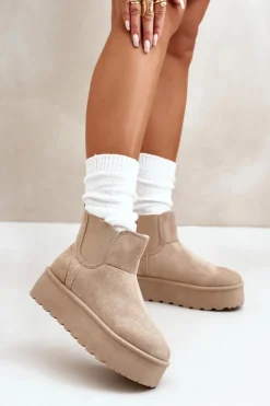 Hot Boto Śniegowce Damskie Na Platformie Z Elastycznymi Wstawkami Jasnobeżowe Rialine