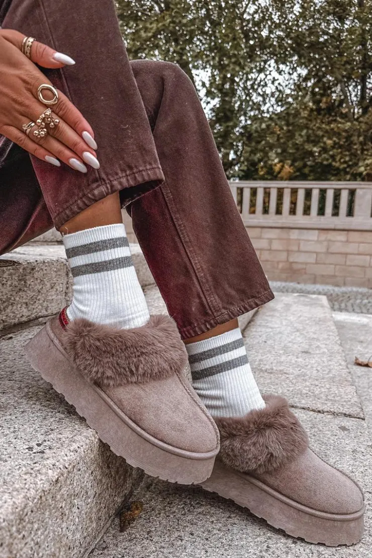 New Boto Śniegowce Damskie Na Platformie Z Futerkiem I Haftem Ciemnobeżowe Querina Beżowy