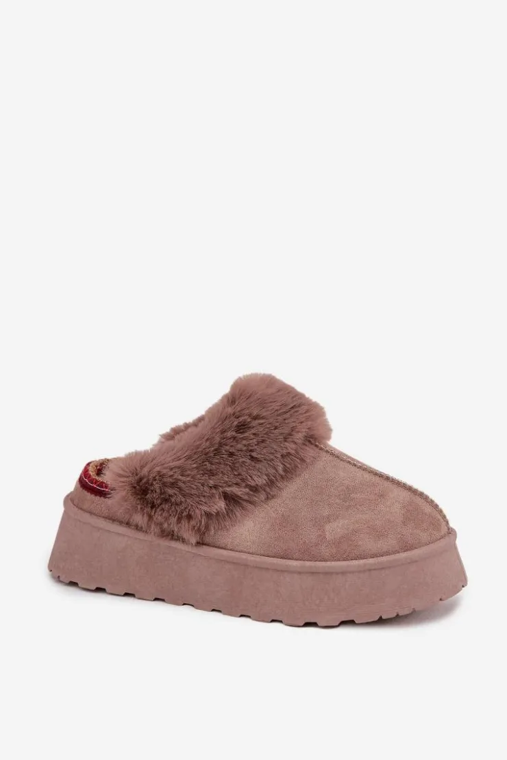 New Boto Śniegowce Damskie Na Platformie Z Futerkiem I Haftem Ciemnobeżowe Querina Beżowy