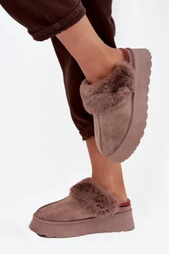 New Boto Śniegowce Damskie Na Platformie Z Futerkiem I Haftem Ciemnobeżowe Querina Beżowy