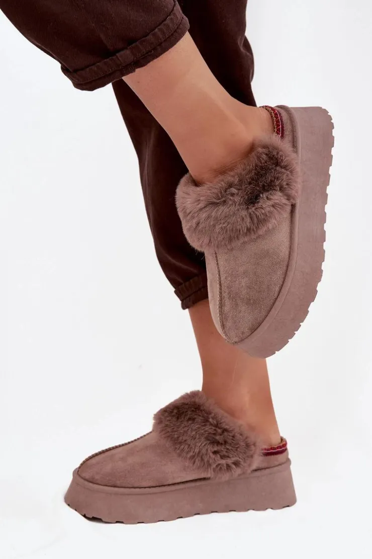 New Boto Śniegowce Damskie Na Platformie Z Futerkiem I Haftem Ciemnobeżowe Querina Beżowy