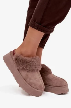 New Boto Śniegowce Damskie Na Platformie Z Futerkiem I Haftem Ciemnobeżowe Querina Beżowy