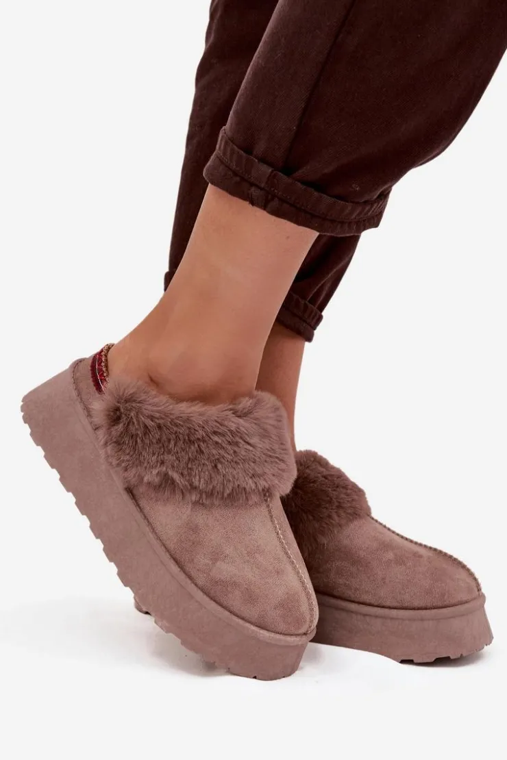 New Boto Śniegowce Damskie Na Platformie Z Futerkiem I Haftem Ciemnobeżowe Querina Beżowy