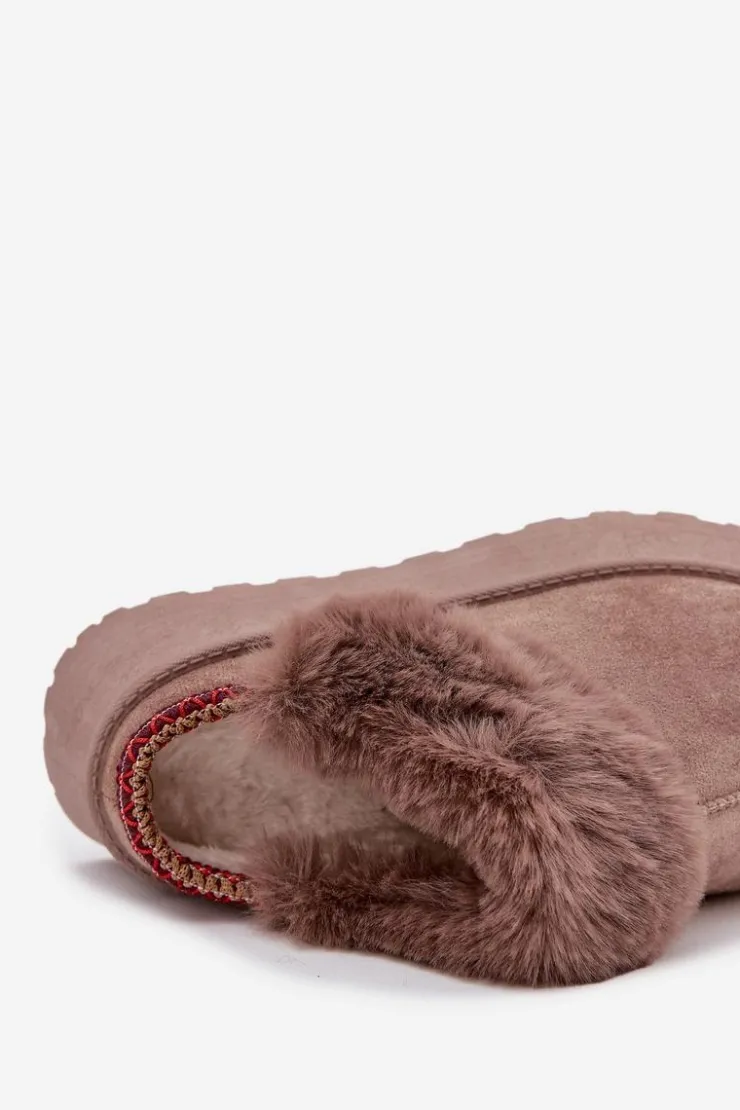 New Boto Śniegowce Damskie Na Platformie Z Futerkiem I Haftem Ciemnobeżowe Querina Beżowy