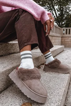 New Boto Śniegowce Damskie Na Platformie Z Futerkiem I Haftem Ciemnobeżowe Querina Beżowy