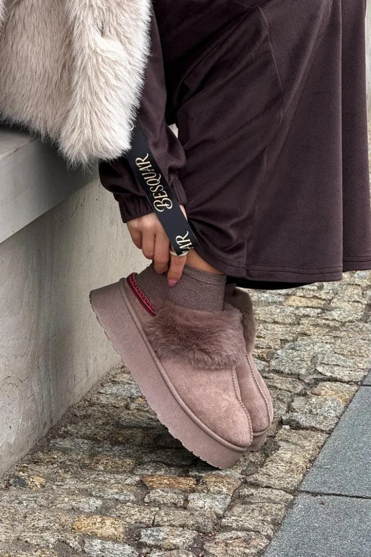 New Boto Śniegowce Damskie Na Platformie Z Futerkiem I Haftem Ciemnobeżowe Querina Beżowy