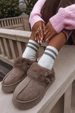 New Boto Śniegowce Damskie Na Platformie Z Futerkiem I Haftem Ciemnobeżowe Querina Beżowy