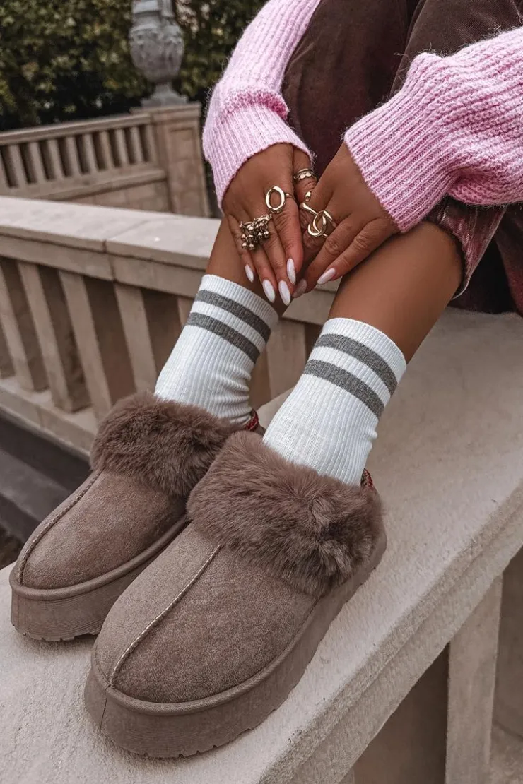 New Boto Śniegowce Damskie Na Platformie Z Futerkiem I Haftem Ciemnobeżowe Querina Beżowy