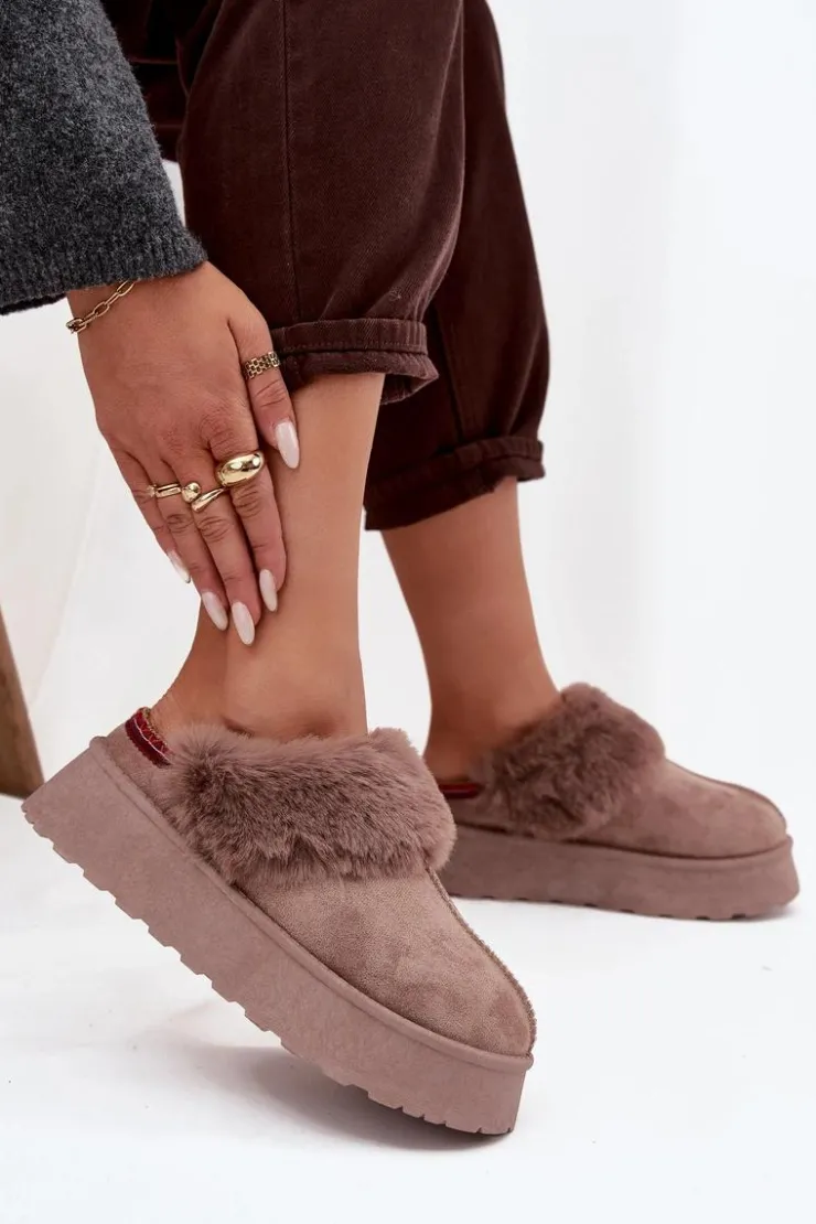 New Boto Śniegowce Damskie Na Platformie Z Futerkiem I Haftem Ciemnobeżowe Querina Beżowy