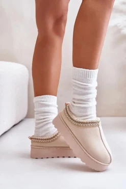 Boto Śniegowce Damskie Na Platformie Ocieplane Futerkiem Jasnobeżowe Remenia Beżowy